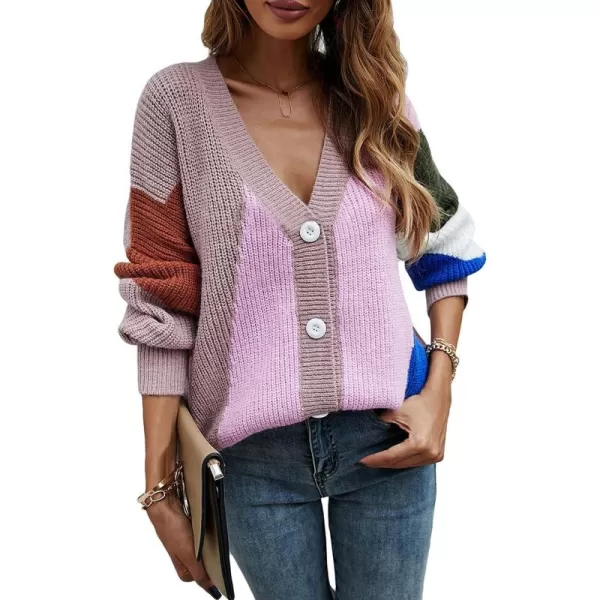 CHARTOU Women's Oversized Color Block Button Down Knitted Sweater Jacket Cardigan Knitwear