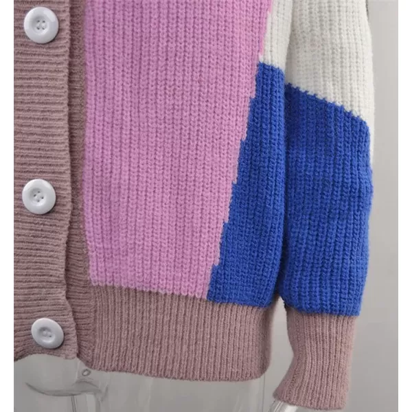 CHARTOU Women's Oversized Color Block Button Down Knitted Sweater Jacket Cardigan Knitwear