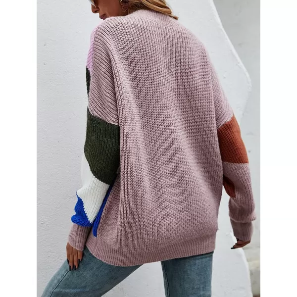 CHARTOU Women's Oversized Color Block Button Down Knitted Sweater Jacket Cardigan Knitwear