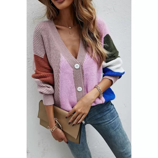 CHARTOU Women's Oversized Color Block Button Down Knitted Sweater Jacket Cardigan Knitwear