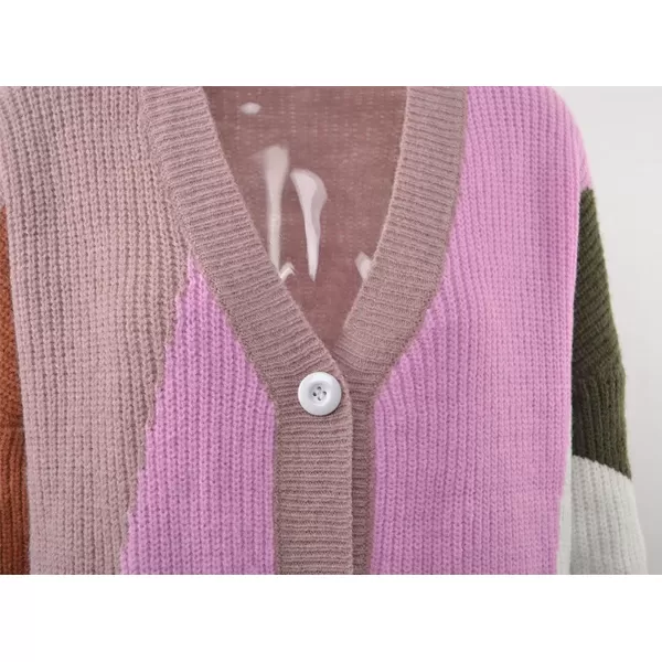 CHARTOU Women's Oversized Color Block Button Down Knitted Sweater Jacket Cardigan Knitwear