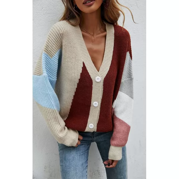 CHARTOU Women's Oversized Color Block Button Down Knitted Sweater Jacket Cardigan Knitwear