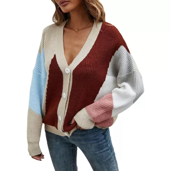 CHARTOU Women's Oversized Color Block Button Down Knitted Sweater Jacket Cardigan Knitwear