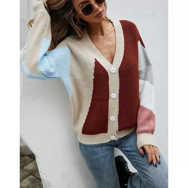 CHARTOU Women's Oversized Color Block Button Down Knitted Sweater Jacket Cardigan Knitwear