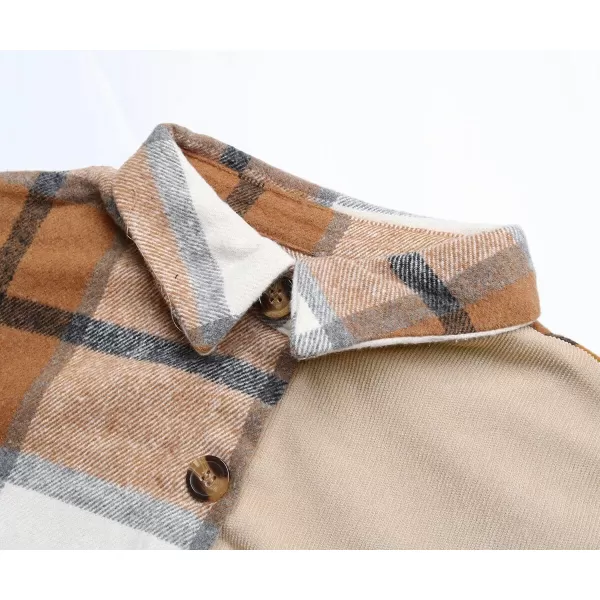 CHARTOU Women's Patchwork Plaid Flannel Shacket Corduroy Long Sleeve Button Down Shirt Jacket