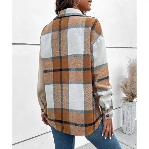 CHARTOU Women's Patchwork Plaid Flannel Shacket Corduroy Long Sleeve Button Down Shirt Jacket