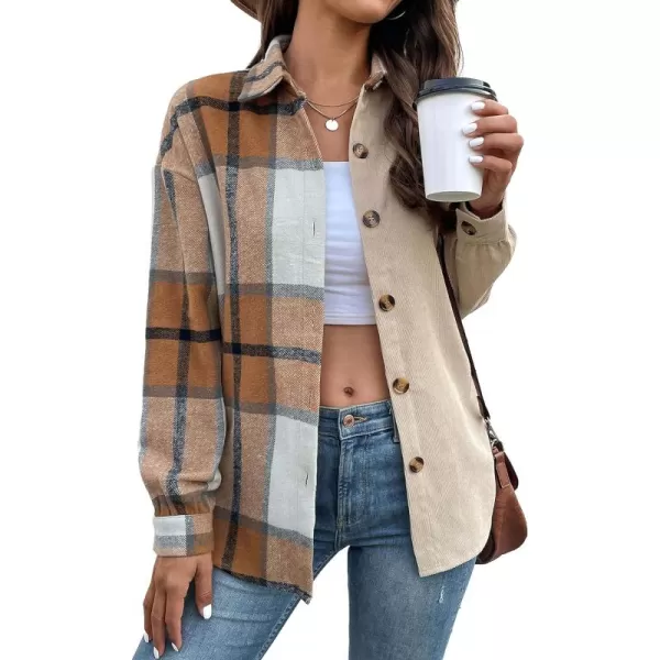 CHARTOU Women's Patchwork Plaid Flannel Shacket Corduroy Long Sleeve Button Down Shirt Jacket