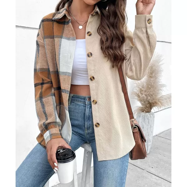 CHARTOU Women's Patchwork Plaid Flannel Shacket Corduroy Long Sleeve Button Down Shirt Jacket