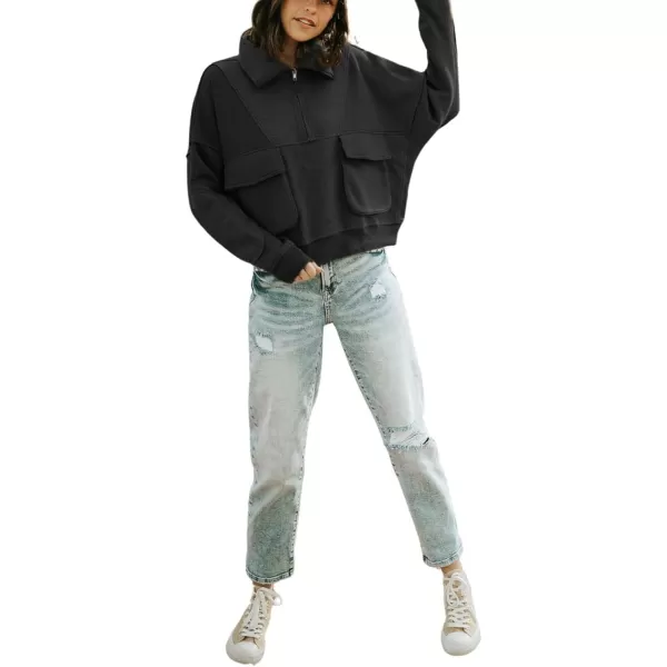 CHARTOU Women's Polo Collar 1/4 Zipper Brushed Wool Patchwork Cropped Pullover Sweatshirt
