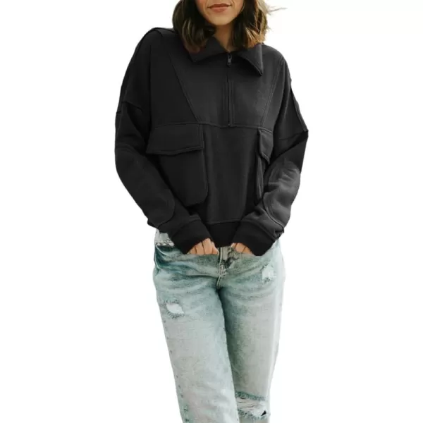 CHARTOU Women's Polo Collar 1/4 Zipper Brushed Wool Patchwork Cropped Pullover Sweatshirt