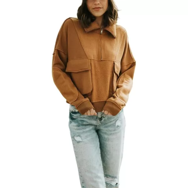 CHARTOU Women's Polo Collar 1/4 Zipper Brushed Wool Patchwork Cropped Pullover Sweatshirt