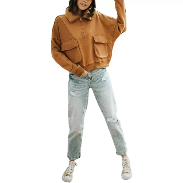 CHARTOU Women's Polo Collar 1/4 Zipper Brushed Wool Patchwork Cropped Pullover Sweatshirt