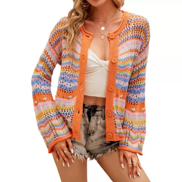 CHARTOU Women's Rainbow Crochet Cardigan Color Block Button Down Striped Sweater