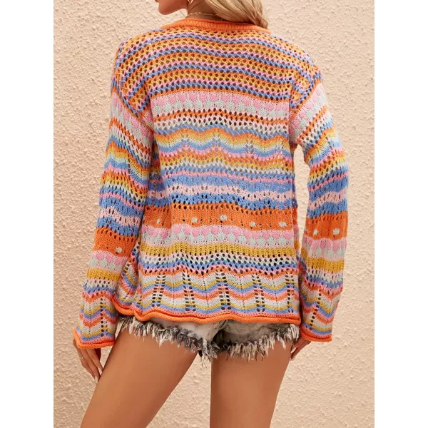 CHARTOU Women's Rainbow Crochet Cardigan Color Block Button Down Striped Sweater