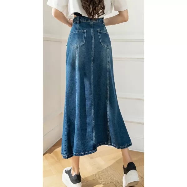 CHARTOU Women's Retro High Waist Long Denim A Line Maxi Skirt with Pockets