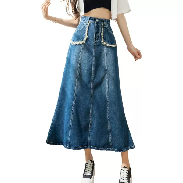 CHARTOU Women's Retro High Waist Long Denim A Line Maxi Skirt with Pockets