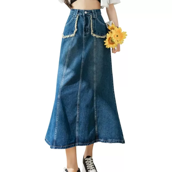 CHARTOU Women's Retro High Waist Long Denim A Line Maxi Skirt with Pockets