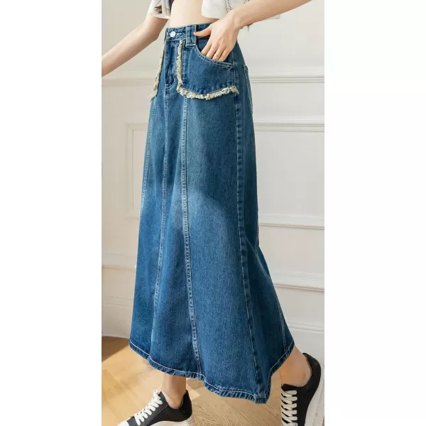CHARTOU Women's Retro High Waist Long Denim A Line Maxi Skirt with Pockets