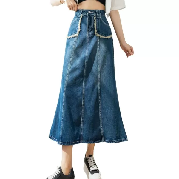 CHARTOU Women's Retro High Waist Long Denim A Line Maxi Skirt with Pockets
