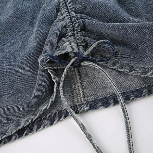 CHARTOU Women's Retro High Waisted Side Drawstring Y2k Irregular Cargo Midi Denim Jean Skirt