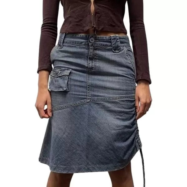 CHARTOU Women's Retro High Waisted Side Drawstring Y2k Irregular Cargo Midi Denim Jean Skirt