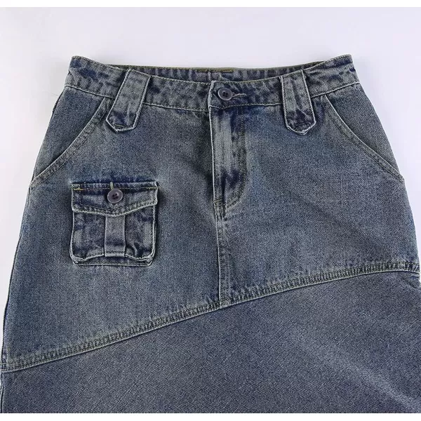 CHARTOU Women's Retro High Waisted Side Drawstring Y2k Irregular Cargo Midi Denim Jean Skirt