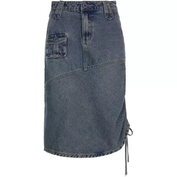 CHARTOU Women's Retro High Waisted Side Drawstring Y2k Irregular Cargo Midi Denim Jean Skirt