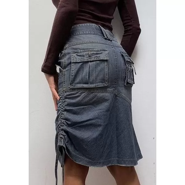 CHARTOU Women's Retro High Waisted Side Drawstring Y2k Irregular Cargo Midi Denim Jean Skirt