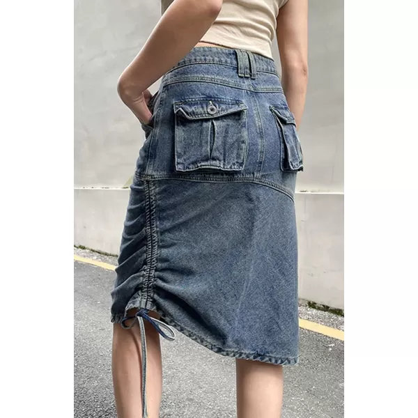 CHARTOU Women's Retro High Waisted Side Drawstring Y2k Irregular Cargo Midi Denim Jean Skirt