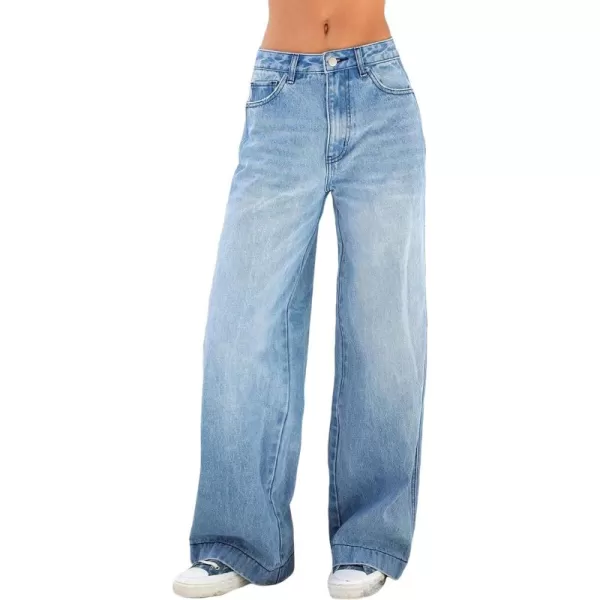 CHARTOU Women's Retro Loose Fit High Waist Zipper Distressed Flare Wide Leg Denim Pants Jeans
