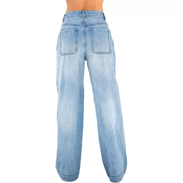CHARTOU Women's Retro Loose Fit High Waist Zipper Distressed Flare Wide Leg Denim Pants Jeans