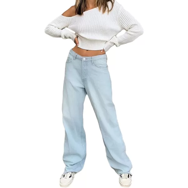 CHARTOU Women's Retro Loose Fit High Waist Zipper Distressed Flare Wide Leg Denim Pants Jeans