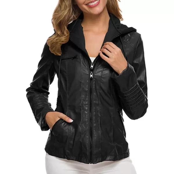 CHARTOU Women's Retro PU Faux Leather Biker Moto Jacket Coat with Detachable Hood