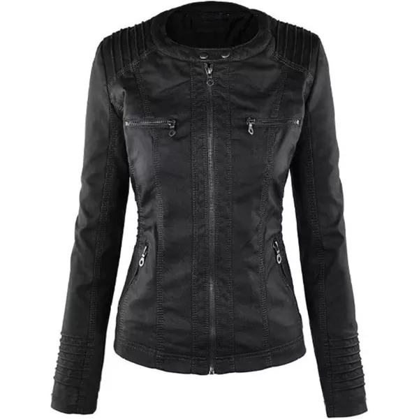 CHARTOU Women's Retro PU Faux Leather Biker Moto Jacket Coat with Detachable Hood