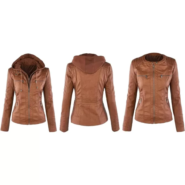 CHARTOU Women's Retro PU Faux Leather Biker Moto Jacket Coat with Detachable Hood