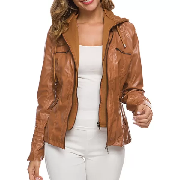 CHARTOU Women's Retro PU Faux Leather Biker Moto Jacket Coat with Detachable Hood