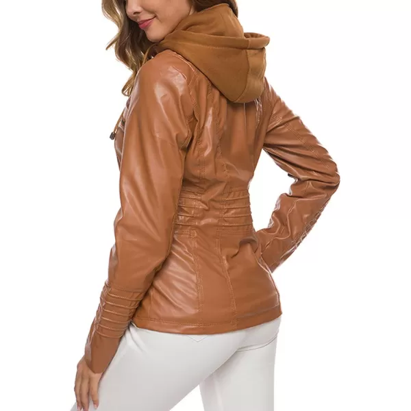 CHARTOU Women's Retro PU Faux Leather Biker Moto Jacket Coat with Detachable Hood