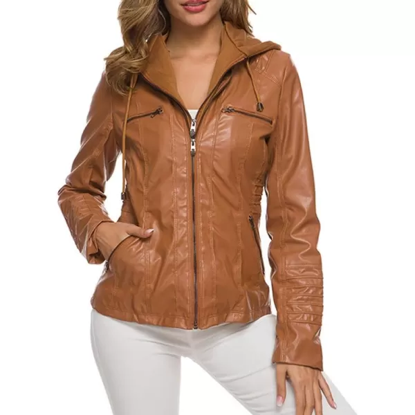 CHARTOU Women's Retro PU Faux Leather Biker Moto Jacket Coat with Detachable Hood