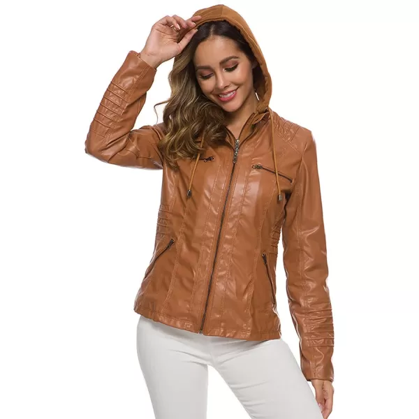 CHARTOU Women's Retro PU Faux Leather Biker Moto Jacket Coat with Detachable Hood