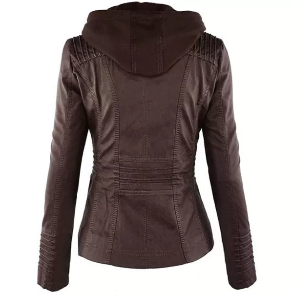 CHARTOU Women's Retro PU Faux Leather Biker Moto Jacket Coat with Detachable Hood