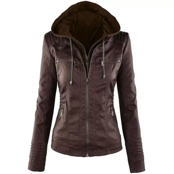 CHARTOU Women's Retro PU Faux Leather Biker Moto Jacket Coat with Detachable Hood