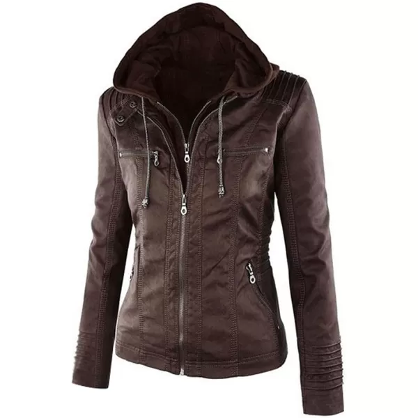 CHARTOU Women's Retro PU Faux Leather Biker Moto Jacket Coat with Detachable Hood