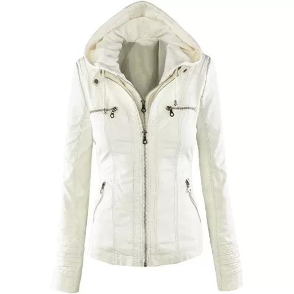 CHARTOU Women's Retro PU Faux Leather Biker Moto Jacket Coat with Detachable Hood