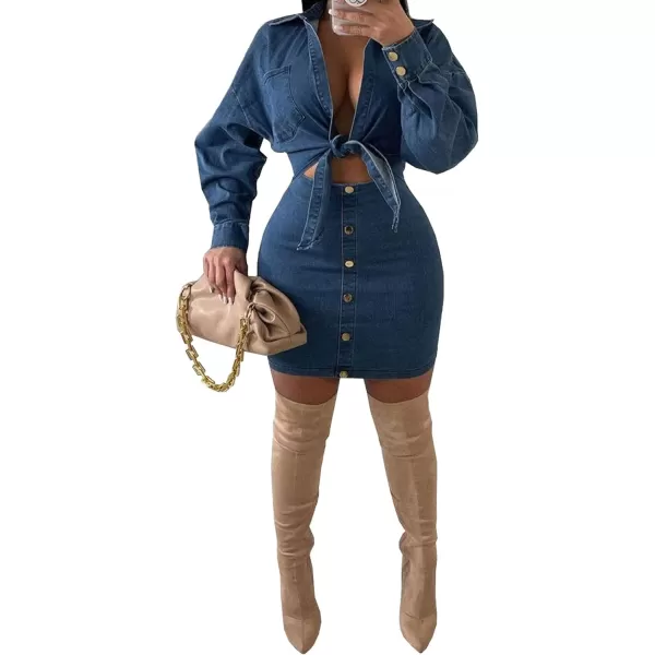 CHARTOU Women's Sexy 2 Piece Outfits Denim Crop Top Tie Knot Shirt Jean Bodycon Mini Skirt