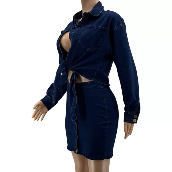 CHARTOU Women's Sexy 2 Piece Outfits Denim Crop Top Tie Knot Shirt Jean Bodycon Mini Skirt