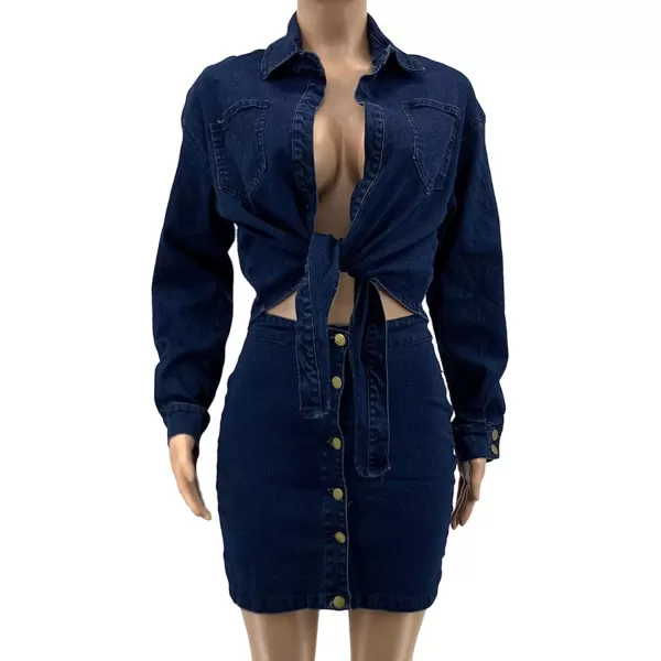 CHARTOU Women's Sexy 2 Piece Outfits Denim Crop Top Tie Knot Shirt Jean Bodycon Mini Skirt