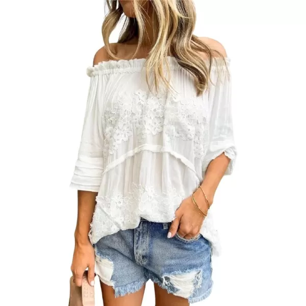 CHARTOU Women's Sexy Off The Shoulder Bell Sleeve Side Split Lace Blouse Shirt Tops