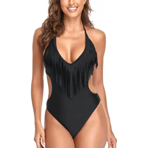 CHARTOU Women's Sexy Tassel One Piece Swimsuit Cutout Halter Beach Bikini Bathing Suit Monokini