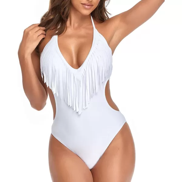 CHARTOU Women's Sexy Tassel One Piece Swimsuit Cutout Halter Beach Bikini Bathing Suit Monokini