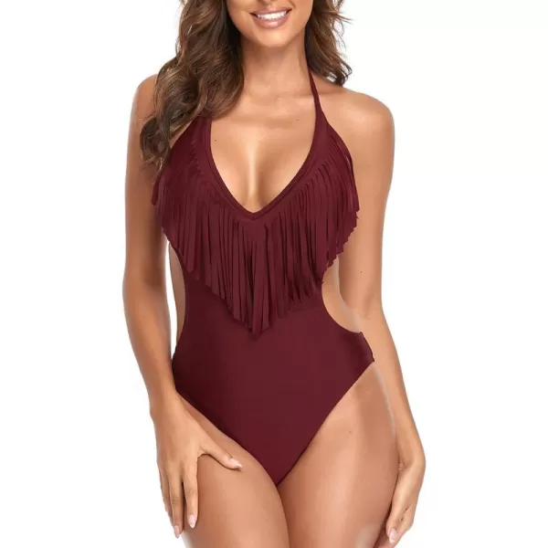 CHARTOU Women's Sexy Tassel One Piece Swimsuit Cutout Halter Beach Bikini Bathing Suit Monokini